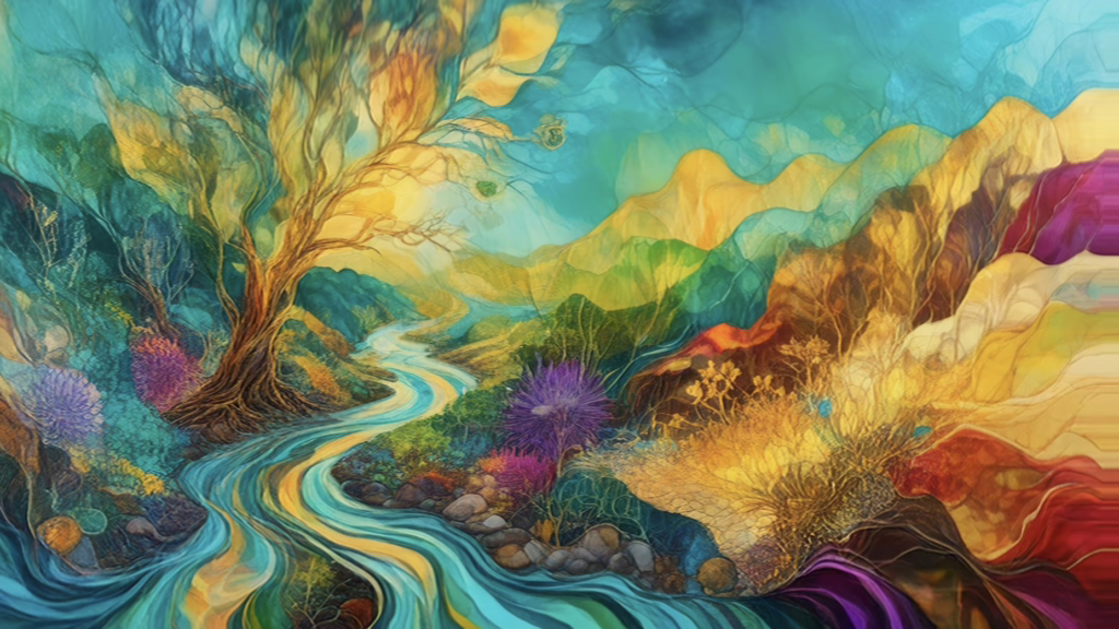 Dreamlike river winding through colorful mountains and trees — meditative landscape from Fractal Eden in 4K trippy visuals.